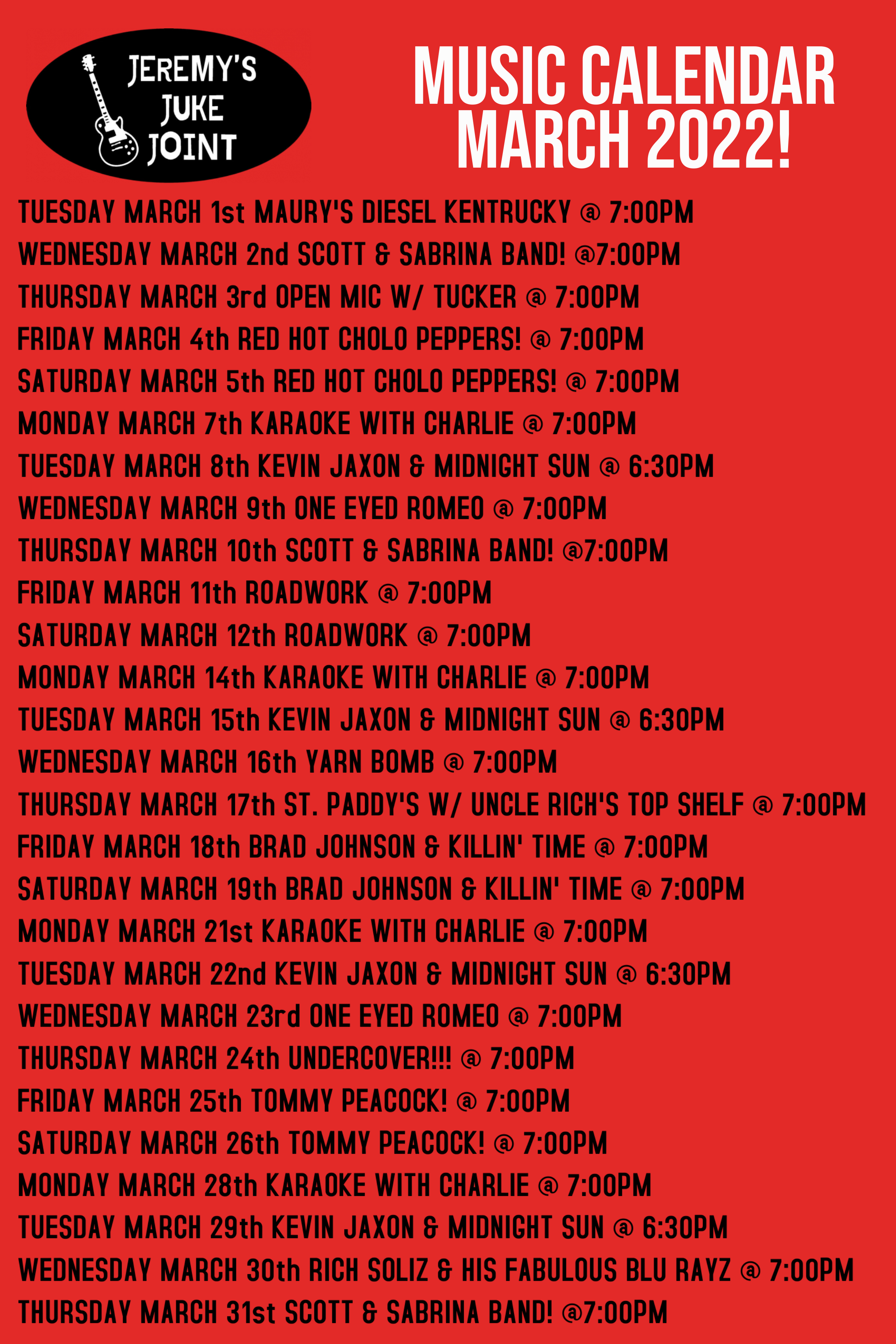 Jeremy’s Juke Joint March Entertainment Calendar